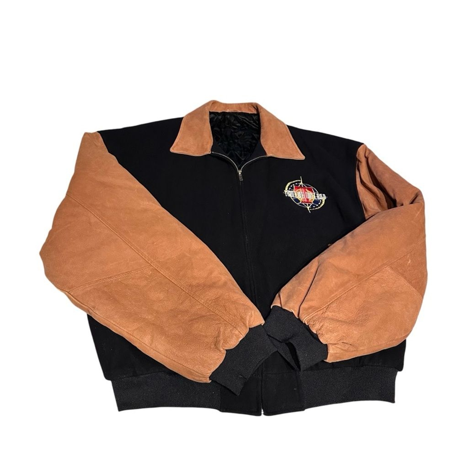 Vintage Tomorrow Land Black Bomber Varsity Jacket Brown Black Leather Wool XXL image 4