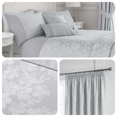 Serene Blossom Silver Fl Jacquard Matching Bedding Curtains