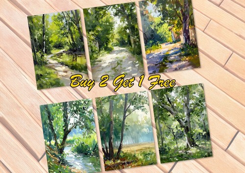 Sunlit Forest Trees, Prints on Matte Paper | Tranquil Woodland Oil Painting - Picture 21 of 27