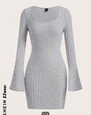 SHEIN Light Gray Bodycon Mini Dress Flounce Sleeve Scoop Neck Small