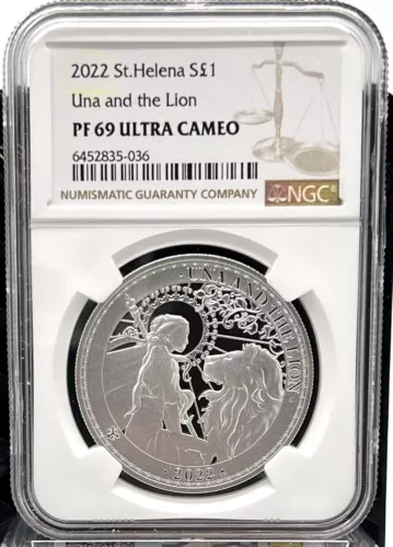 2022 St. Helena Una & the Lion Proof 1 oz .999 Silver Coin  - NGC PF 69