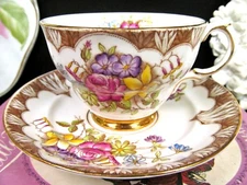 ROSINA tea cup and saucer painted floral rose pattern teacup footed gold base 