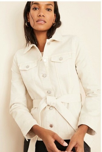 Ann Taylor Belted Denim Jacket, White 