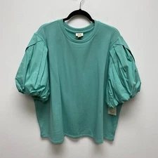 Ana A New Approach Womens Green Short Puff Sleeve Crew Neck Pullover Blouse 3X