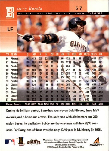 Pinnacle Plus #57 1998 Barry Bonds - casi nuevo-como nuevo - Imagen 2 de 2