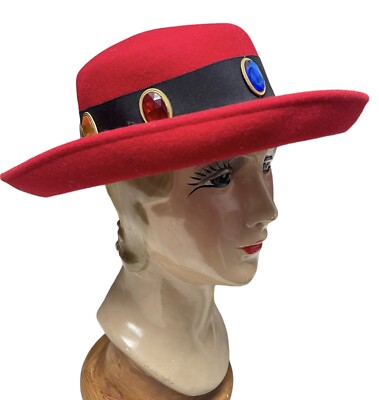 Vintage Red Felt Rhinestone Red Purple Blue Green Ernie Hat 