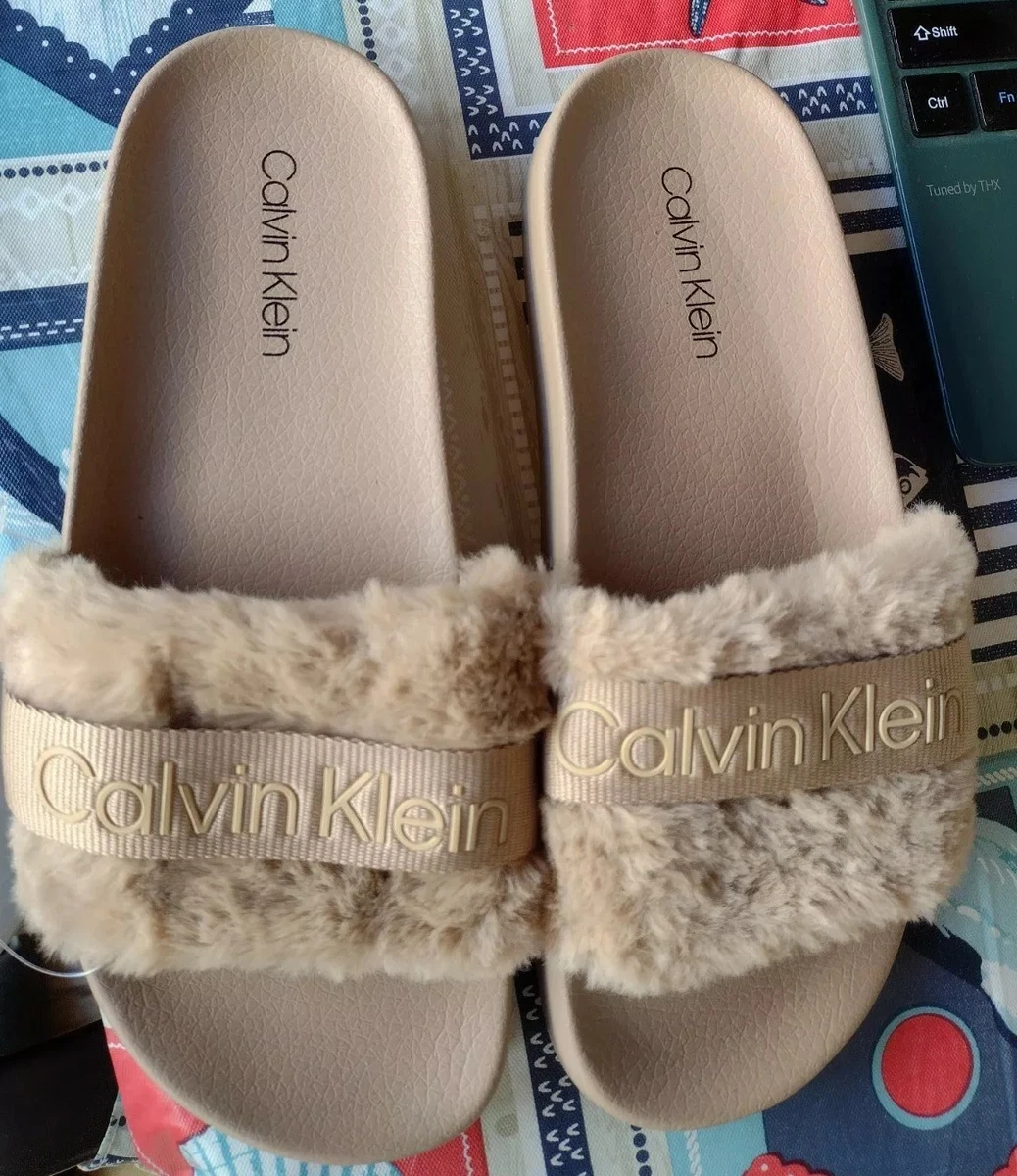 NEW CALVIN KLEIN STRAP FUR SLIDES SLIDE SANDALS RARE TAN BEIGE