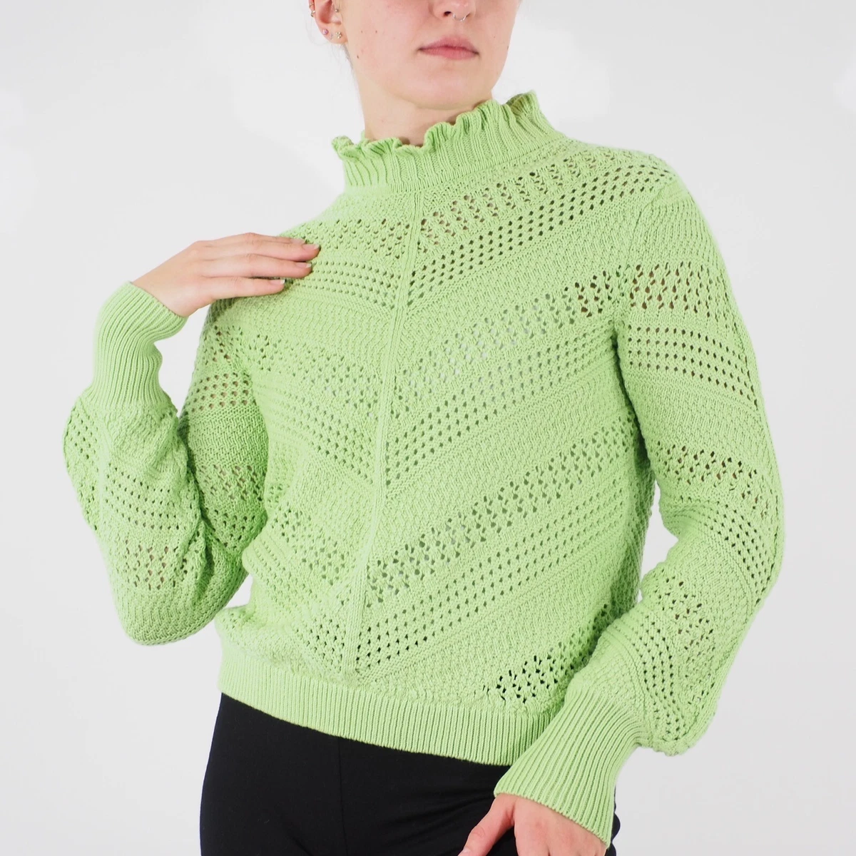Womens Ex M S Per Una Long Sleeve Jumper Green High Neck Ladies Cotton Pullover