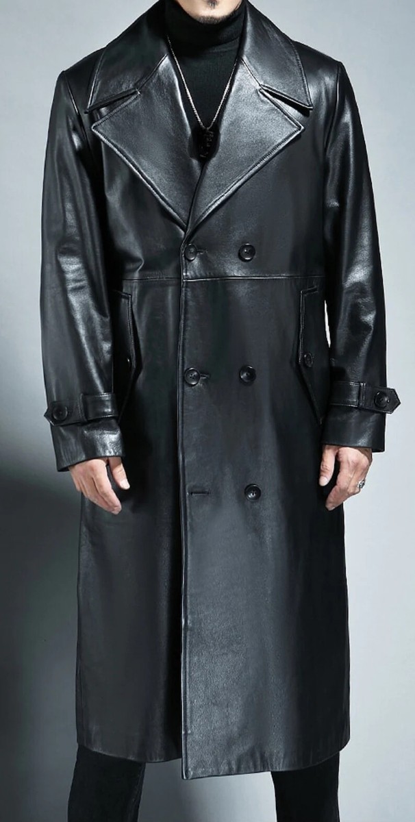 Mens Leather Trench Coat Real Black Stylish Long Slim Fit Festive