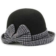 Women Felt Bucket Hat Cloche Church Bowler with Bow Houndstooth Retro Winter