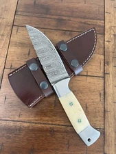 CUSTOM HANDMADE DAMASCUS KNIFE WITH MOSAIC PIN & PREMIMUM LEATHER SHEATH R7