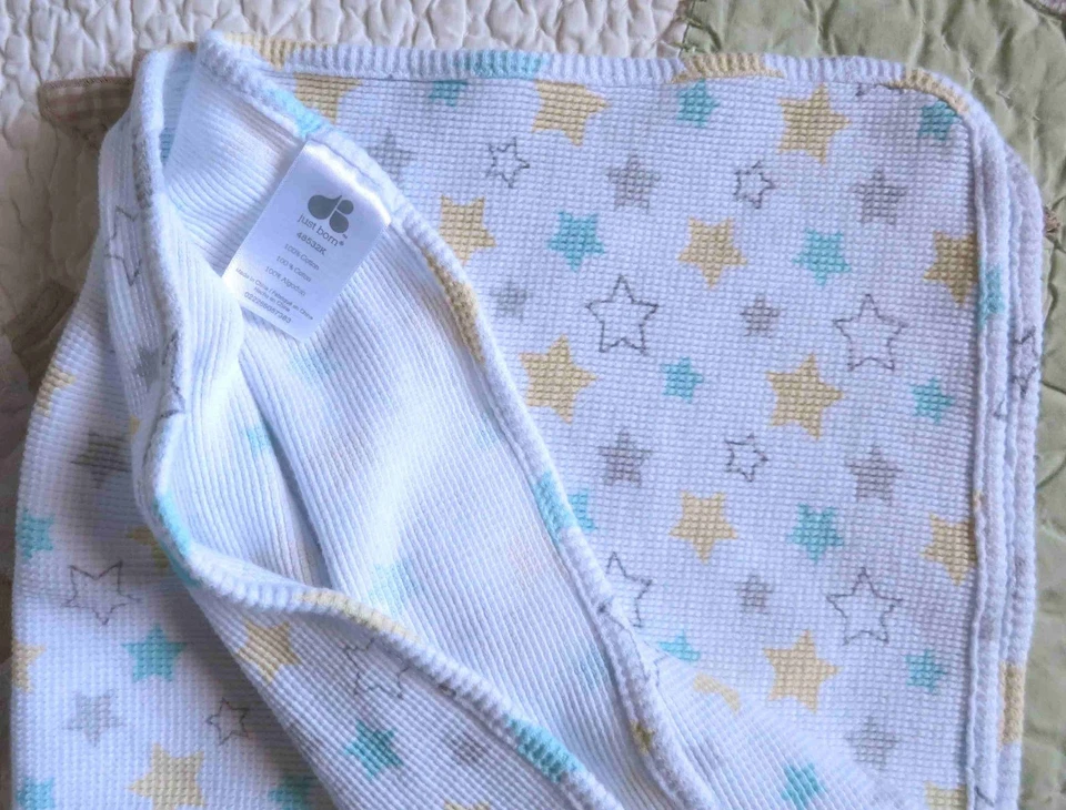 Just Born белый тепловой w Aqua серый и желтый звезды Baby мальчика или девочки одеяло б/у в отличном состоянии - Изображение 2 из 3