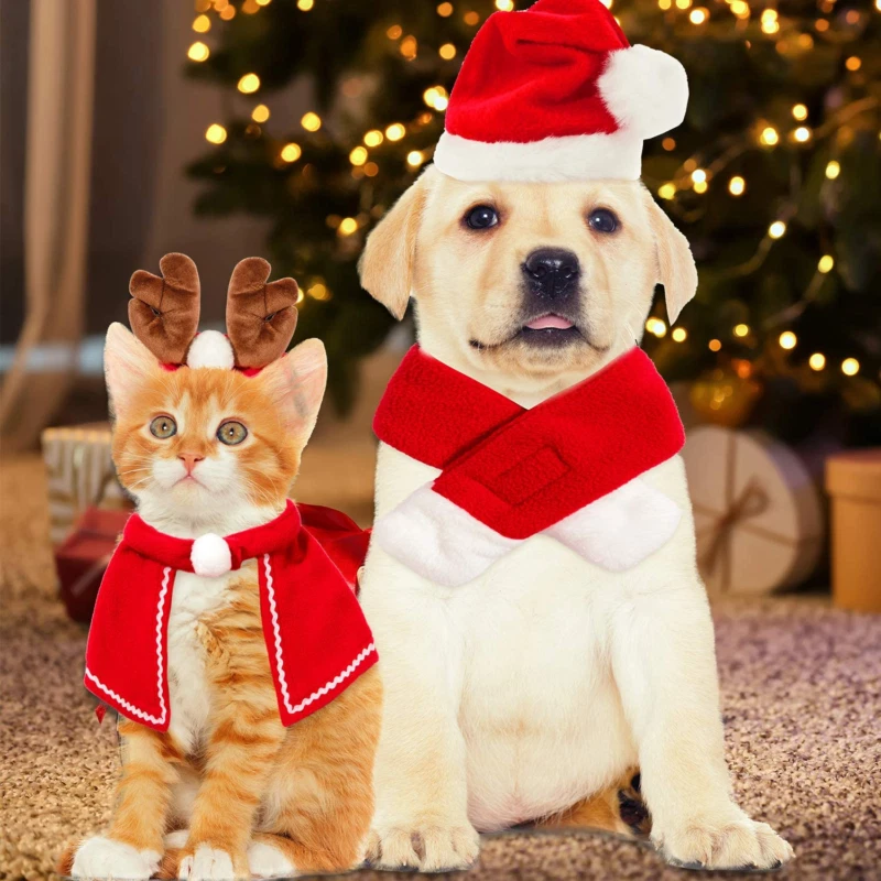Fantasia de gato de Natal cachorro pequeno chapéu de Papai Noel com cachecol filhote gatinho roupa de Natal EUA - Imagem 2 de 4