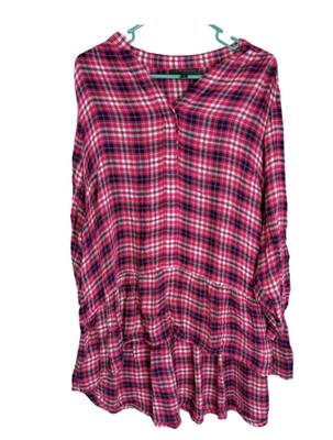 Lane Bryant Pink, Blue & White Plaid Long Sleeve High Low Tunic