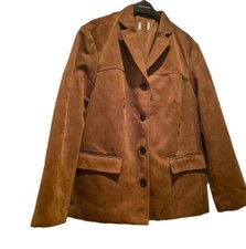 Womens Tan Suedette Jacket Blazer Size UK L 14-16 Button Up Long Sleeve Lined