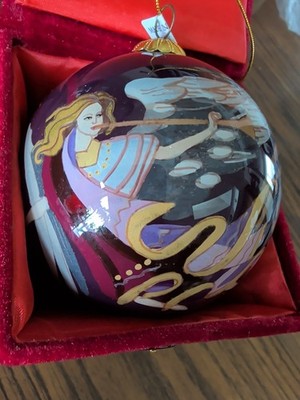 AVON Glass Ornament Reverse Hand Painted Angels Red w/ Velvet Box - 2014
