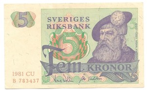 SWEDEN  5 KRONOR BANKNOTE  1981  P51d  UNCIRCULATED