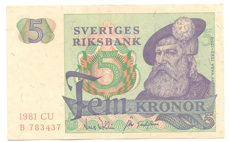 SWEDEN  5 KRONOR BANKNOTE  1981  P51d  UNCIRCULATED