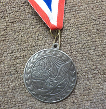 2 1/8" Silver Track medal, track shoe  stop watch, nice size, laserable award