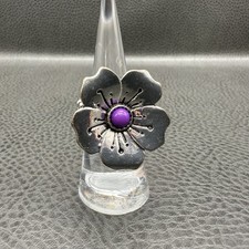 Flower Statement Ring Silver Tone Stretch Band Adjustable Purple Center Costume