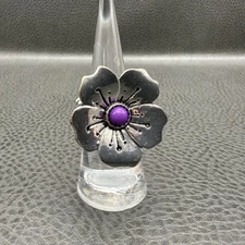 Flower Statement Ring Silver Tone Stretch Band Adjustable Purple Center Costume