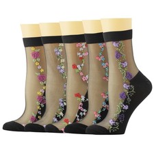 YFUNNLE Womens Sheer Socks 5 Pairs Floral Cute Nylon See Through One Size, 5