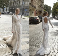 Lace Mermaid Wedding Dresses High Neck Hollow Back Appliqued Train Bridal Gowns