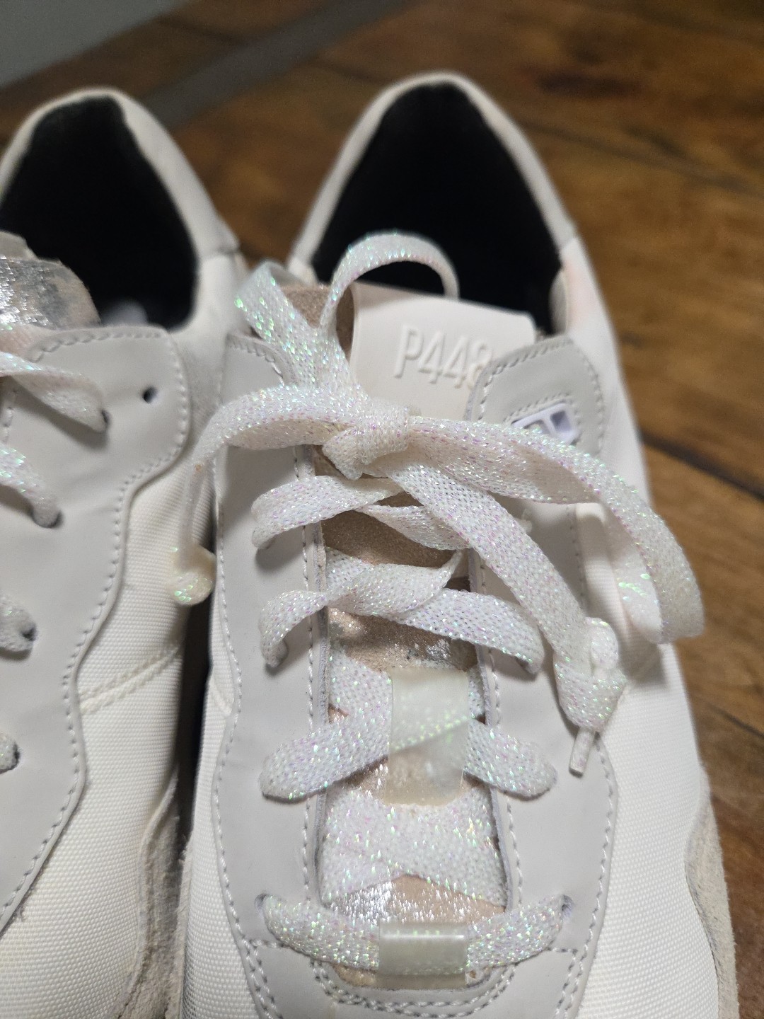 P448 Cancun White Beige Suede Low Top Sneakers Womens Size 39 US 8.5 9 Sparkle image 6