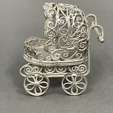 Vintage Baby Carriage Carrier Stroller Silver-tone Metal 3 1/2" x 2 14" x 3 1/2"