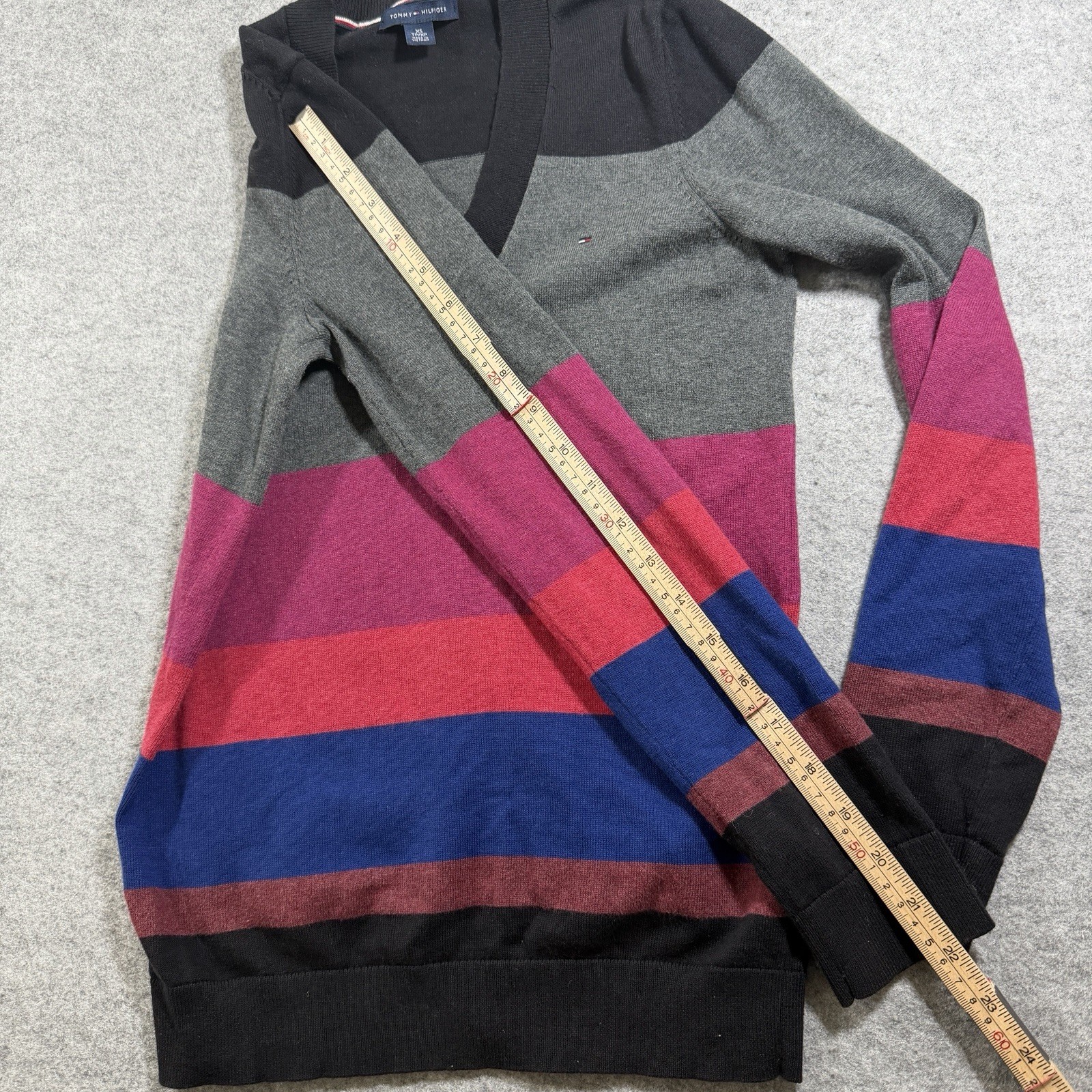 Tommy Hilfiger V Neck Sweater Womens XS Striped Colorful Preppy Classic Casual thumbnail 7