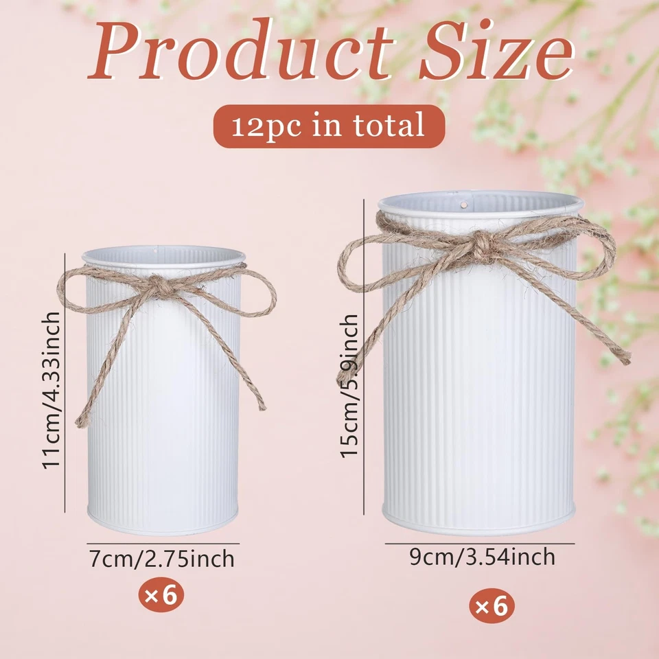 12 Pcs High Farmhouse Vase Decor 2 Sizes Metal Flower Vases White Iron Rustic... - Image 2 of 4