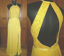 DAVID'S Bridal Yellow Lace open back Wedding Evening maxi DRESS GOWN 12 L