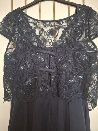 Coast Silky Dress With Sequinned Mesh Overlay Bow Detail Top. Size 12(35") Navy. - Picture 4 of 7