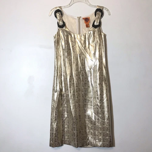 Abito Tory Burch oro metallizzato stampa "T" geometrica seta dea perline taglia 6