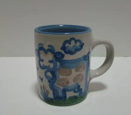 MA Hadley Mug Hand Painted Stoneware COW ~  Country Scene Blue ~ THE END SERIES