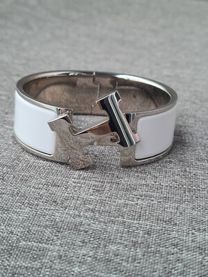 Hermes Clic Clac H Armband breiter Armreif weiß Emaille Silber Hardware
