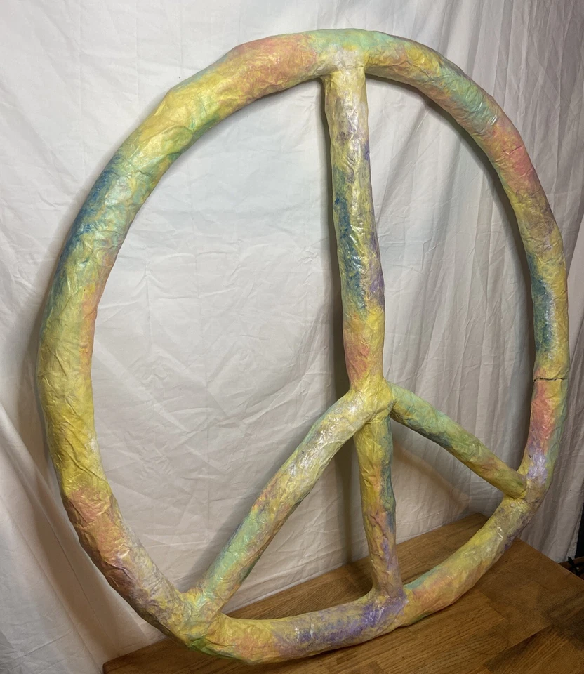 Letrero de paz tie-dye de colección GRANDE 36 pulgadas de diámetro papel maché arte psicodélico RARO Foto 2 de 4