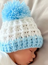 Brand New hand made crochet baby hat, blue and white with pom pom for 3-6 months