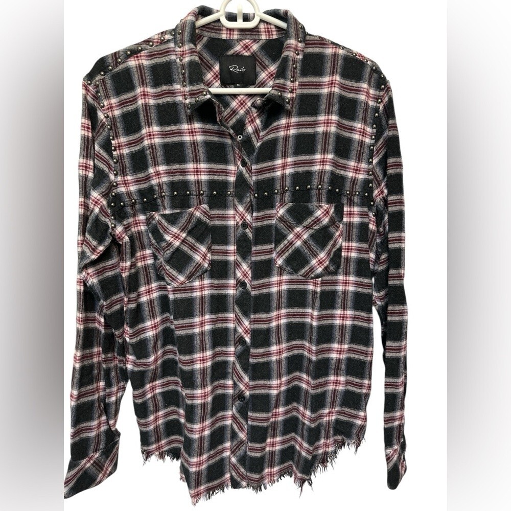 Studded Plaid Button Down Blouse for Women in Charcoal Berry Blush