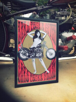 ZERO F***S GIVEN psychedelic chopper motorcycle and babe retro vintage poster