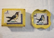 Vintage Italian Pottery Trinket Box and Tray, Set of 2, Mama and Baby bird, Smal