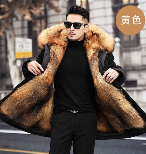 mens Faux mink fur lined long coat fur collar hooded Warm Winter parkas overcoat - Picture 10 of 40