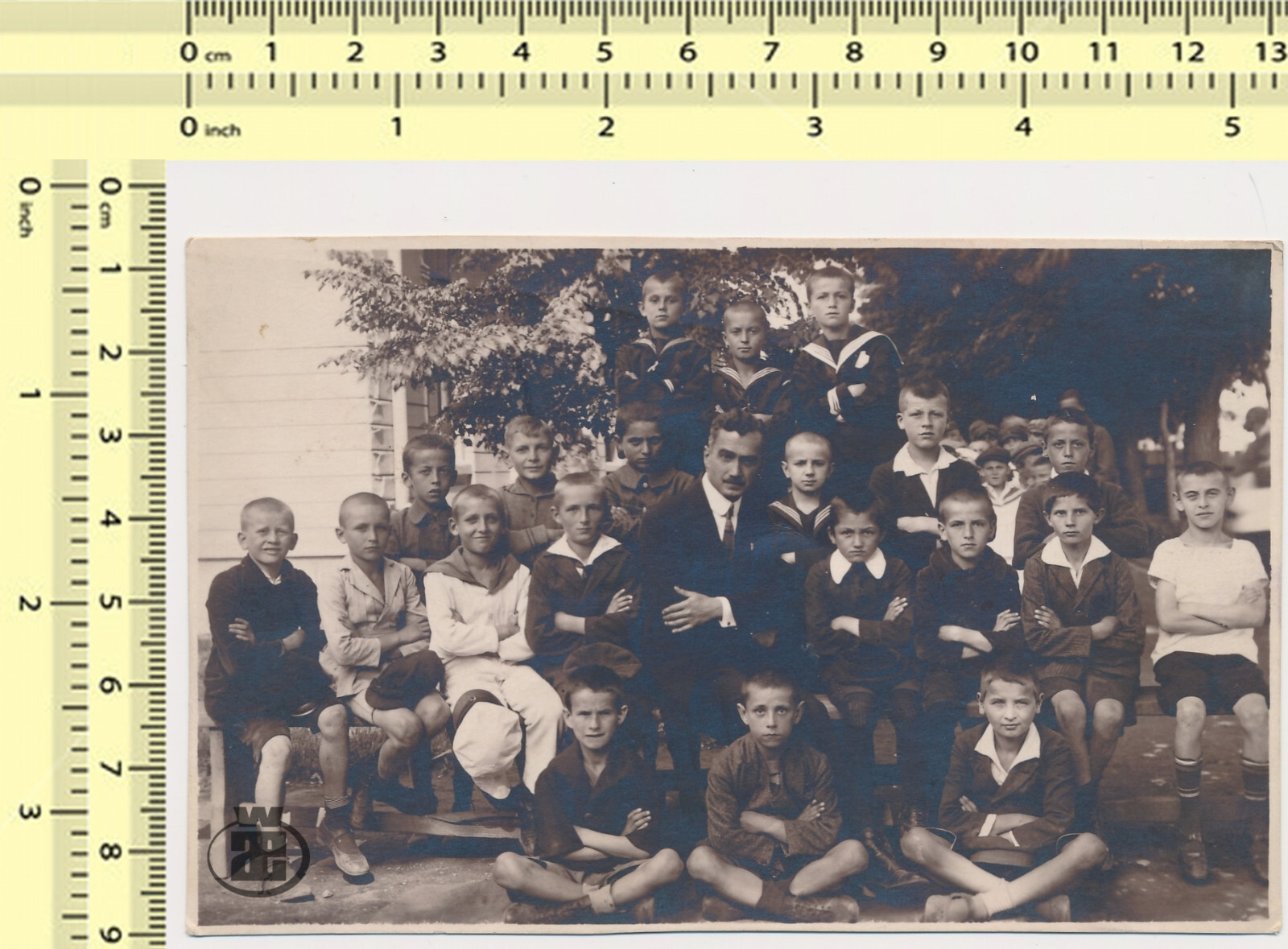 165 School Teacher with Kids School Group Classroom Portrait vintage photo orig.