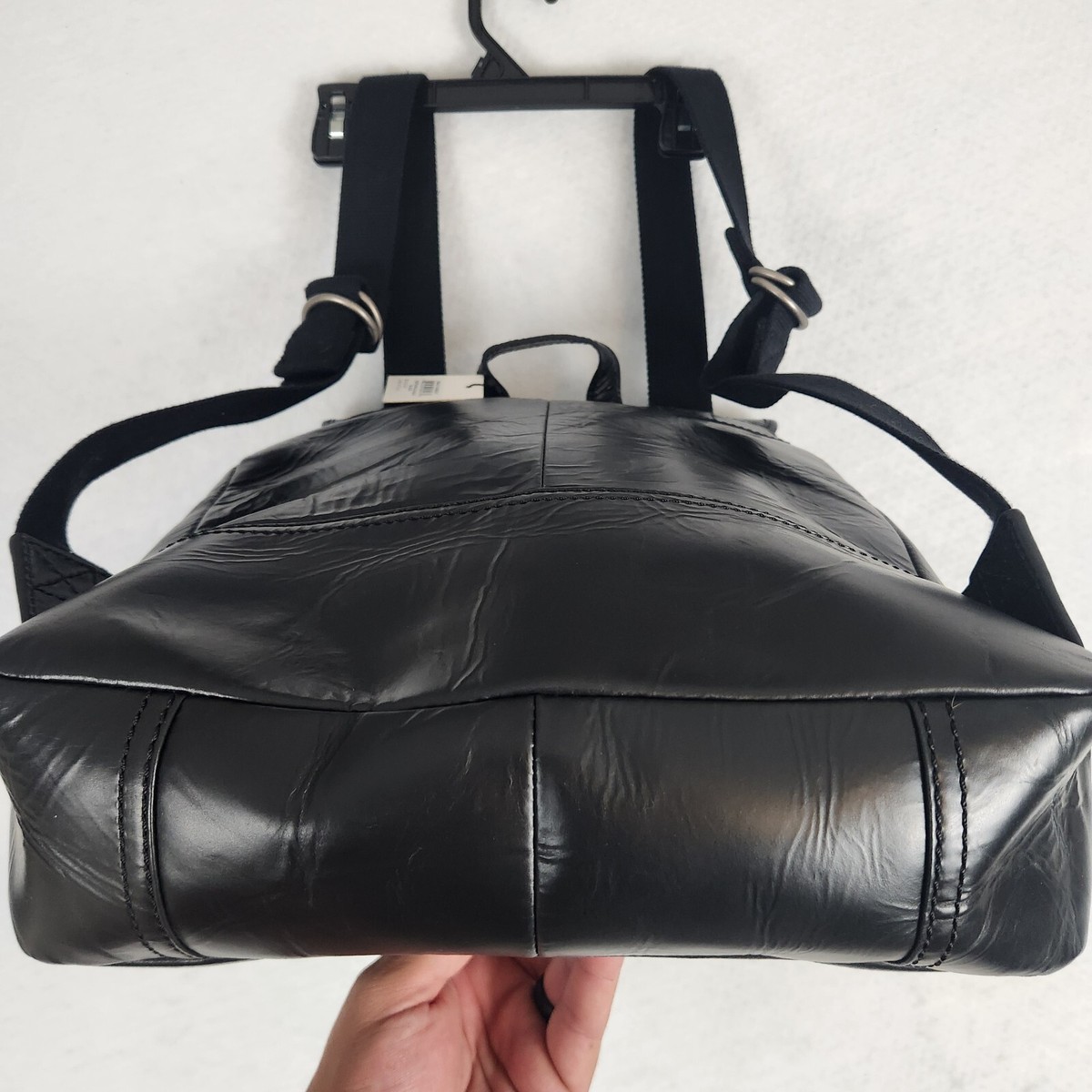 Fossil Rucksack Emerson Black Aged Leather Backpack Flap Drawstring Unisex NWT Fossil Rucksack Black Emerson Leather Woven Canvas  main image 2