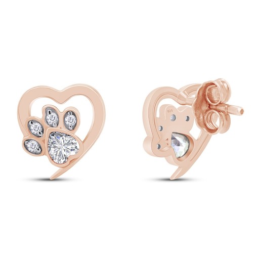 Cat Paw Print Stud Earrings Simulated Birthstone 14K Rose Gold Plated Sterling - Picture 14 of 79