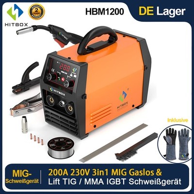 HITBOX 200A 3IN1 MIG SCHWEIßGERÄT 230V IGBT DC GASLOS MMA TIG SCHWEIßMASCHINE DE