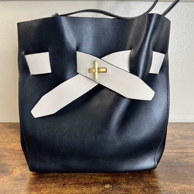 ZAC Zac Posen Brigette Belted Shoppers Tote Bucket Bag Leather Black Designer