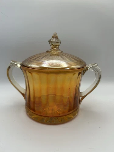 Vintage iridescent carnival glass Sugar Bowl Interior Rays US Glass