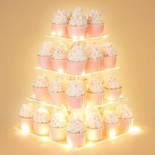 4 Tier Cupcake Stand with LED String Light, Acrylic Cupcake Display Stand, Squar