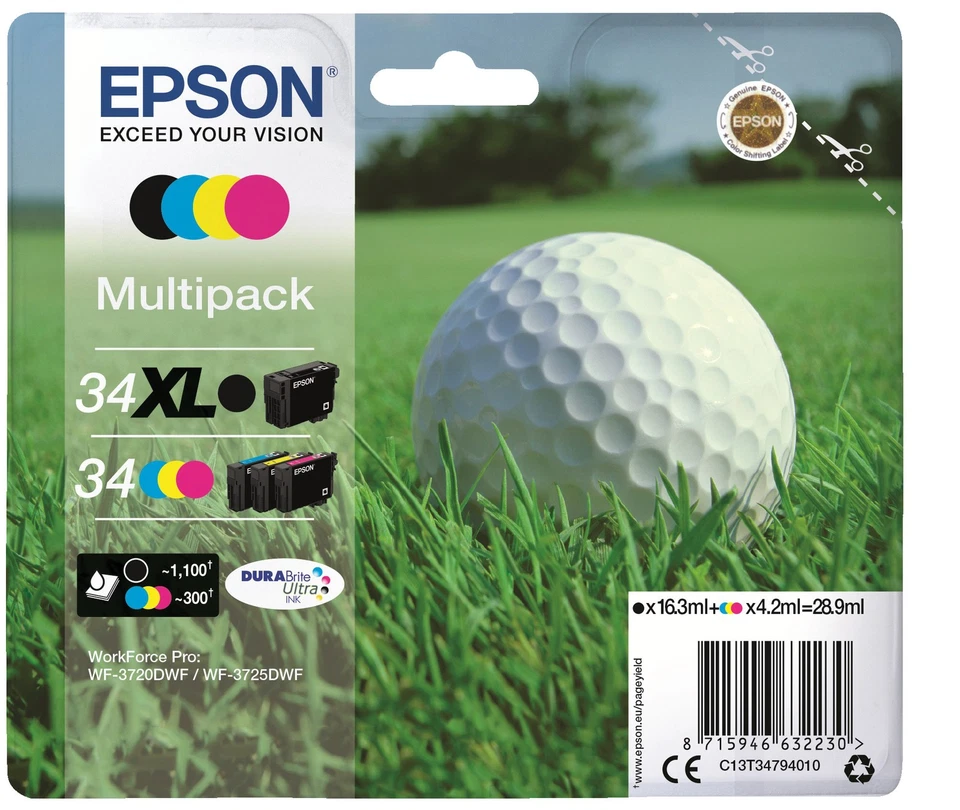 EPSON WF3720 WF3725 Multipack Golfball, Original Tintenpatrone mehrfarbig (C13T3